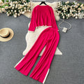 Hong kong style retrofashioncasualloose round neck long sleevesknitting shirttopstwo-piece set women's high waistcontrast color side pants