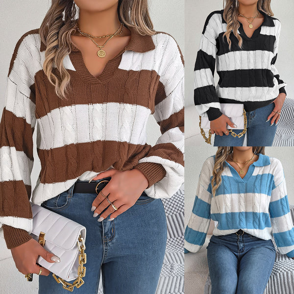 Real autumn and winter casual chicken heart collar contrasting color twist lantern sleeve pullover sweater, independent station  European and American women's clothing