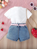 hot-selling baby & toddler cute strawberry print top + heavily embroidered denim short set for girls