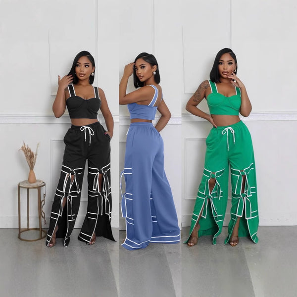 Y5269 European and American fashion solid color splicing strap casual straight-leg pants (pants only, excluding tops)