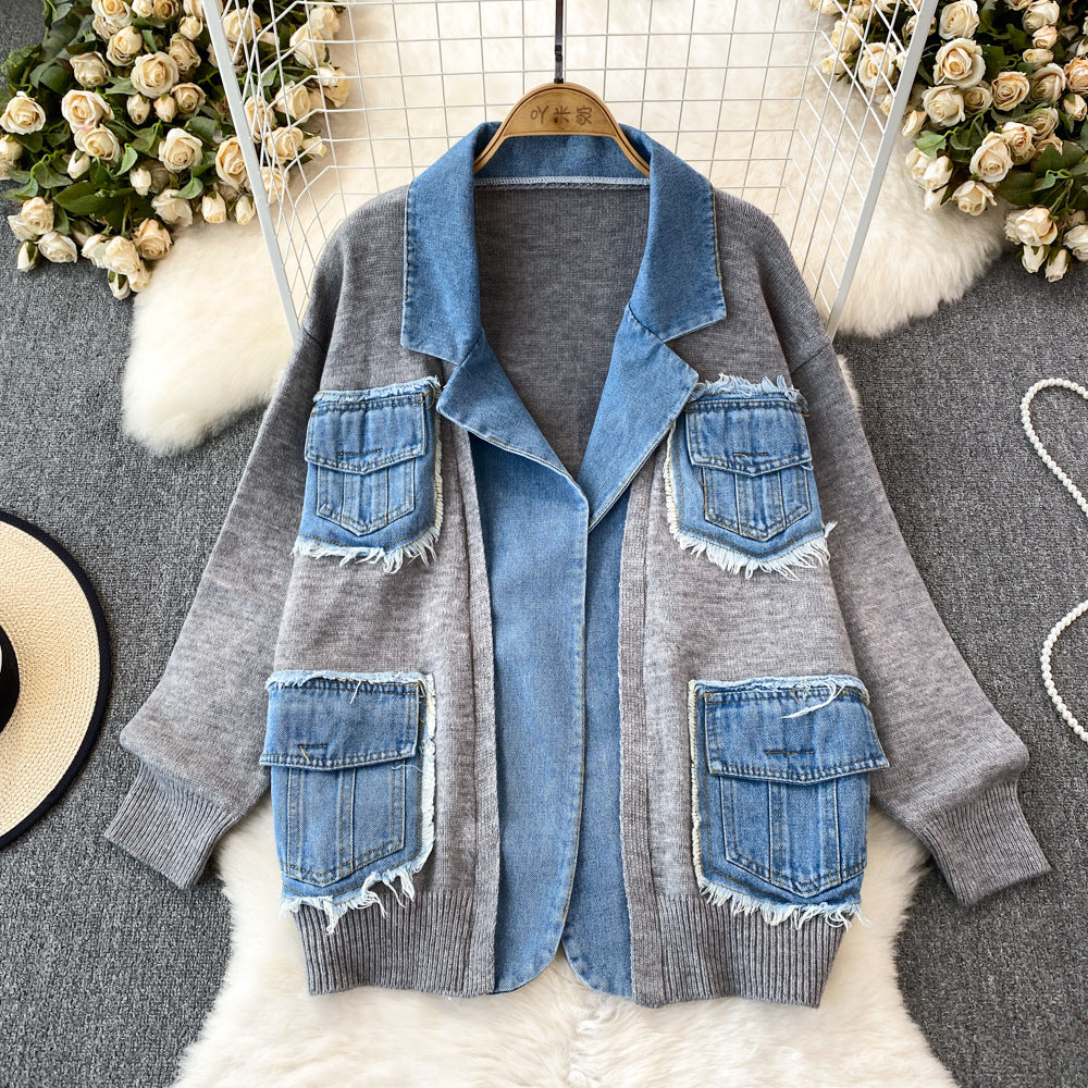 Fashionfashionstylishknittingpatchwork denim outwear women's winterloose lazy stylethickenedsweatercardigantops