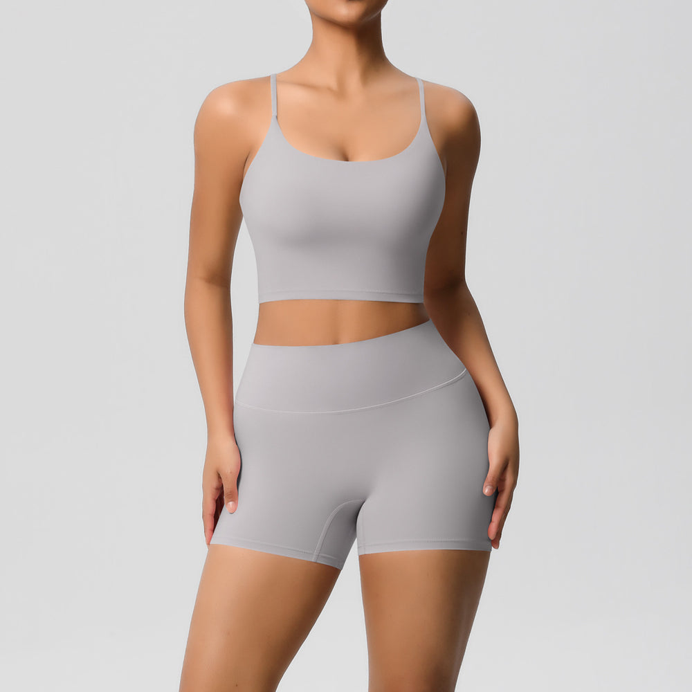 New arrival: cross-border brushed solid color racerback compression breathable yoga set - women's activewear running & fitness shorts set