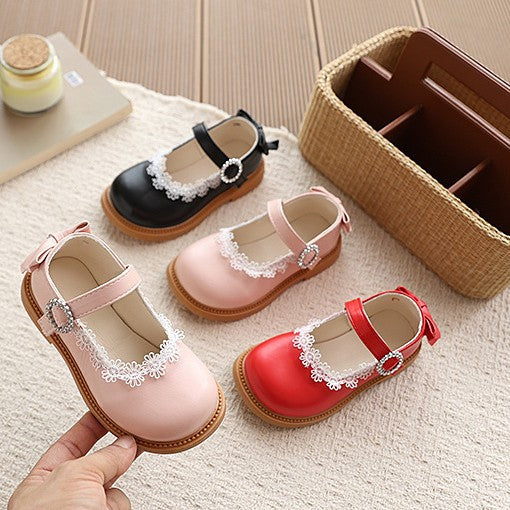 Girls' mary jane leather shoes - new spring/autumn collection, soft sole princess shoes for babies, lace trimmed, vintage-style, versatile single shoes for toddlers