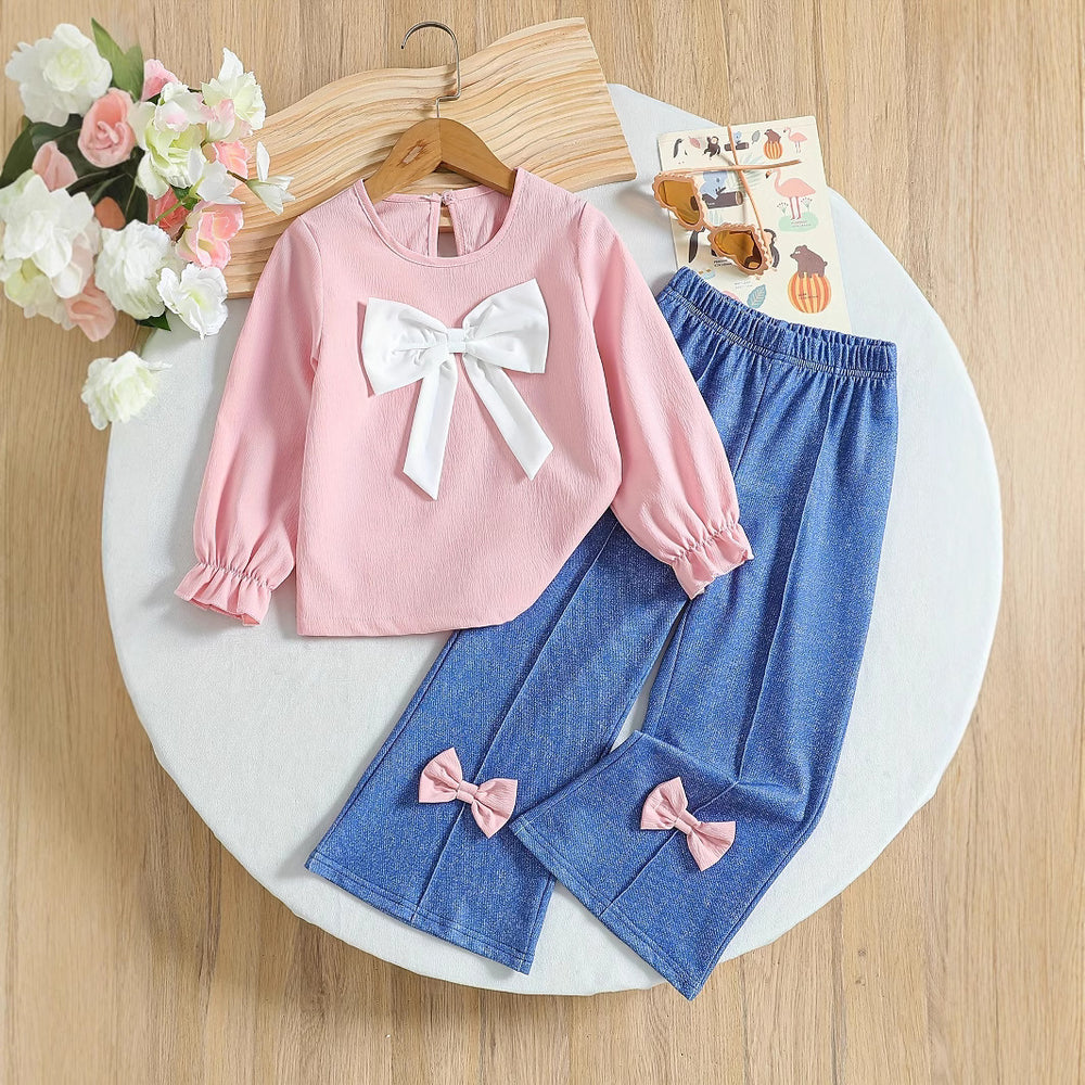 Autumn and winter girls' bow top and pink textured fashion denim pants two-piece set with bow detail