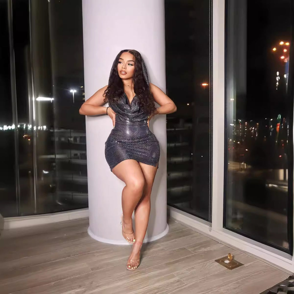 2023 Cross-border European and American sexy wind flash sexy pocket collar neck hooded hollow hip wrap party dress