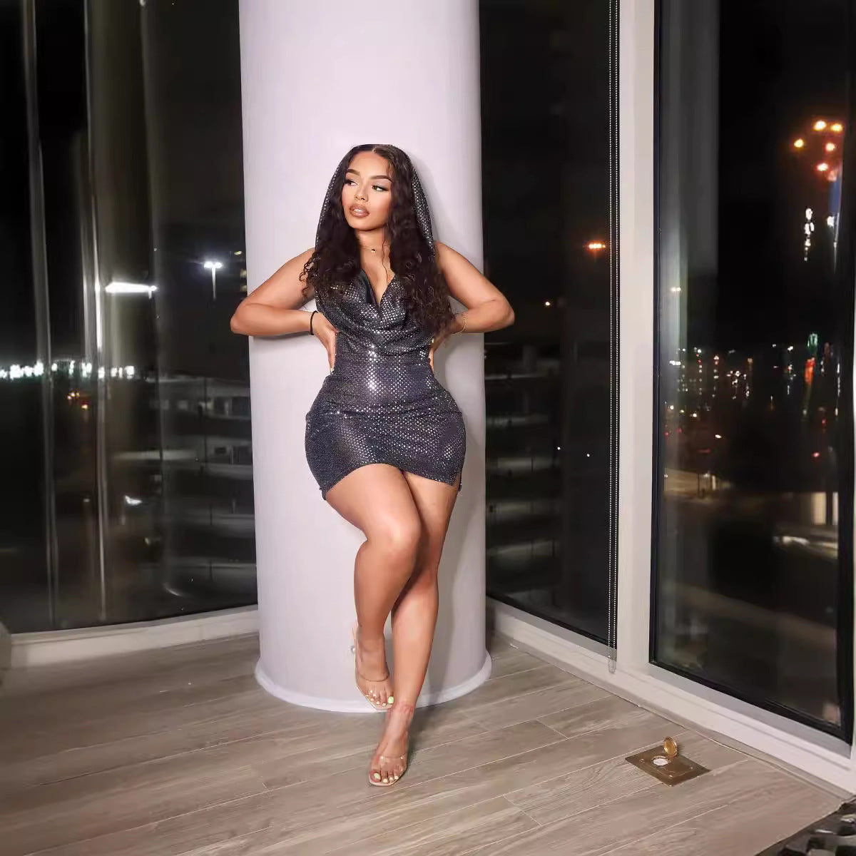 2023 Cross-border European and American sexy wind flash sexy pocket collar neck hooded hollow hip wrap party dress