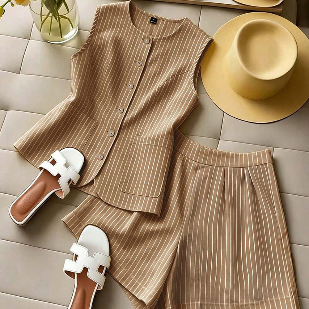 fashion  summer new striped sleeveless top + shorts set - commute & casual two-piece outfit