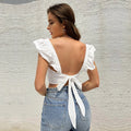 european and american style new backless tie-up ruffle sleeve fresh sweet square neck t-shirt tank top sleeveless top