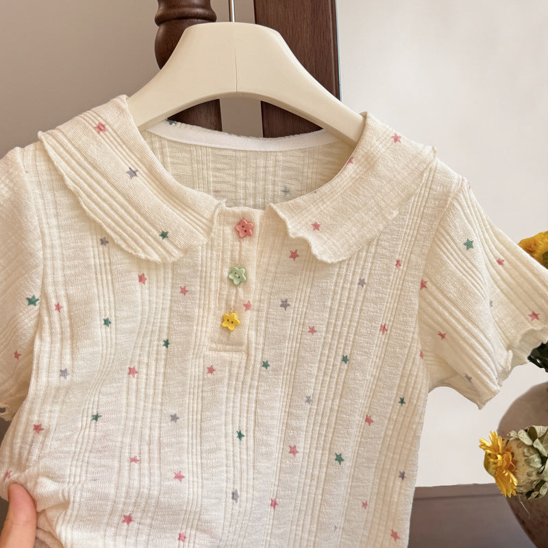 Korean style girls' new summer all-over star print short-sleeve t-shirt top - stylish and trendy for baby girls and children