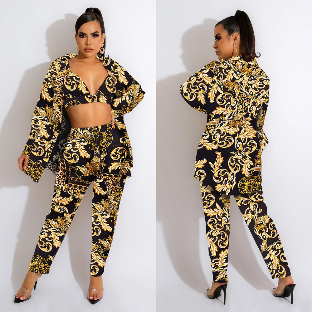C5989 special offer: no returns or exchanges. please purchase carefully. cross-border fashion women's long-sleeve outerwear and lined pants three-piece set