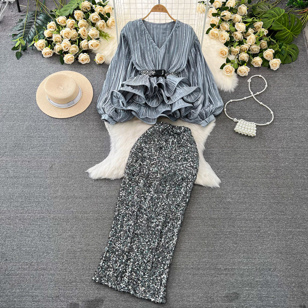Fashionsuit female socialite elegant lantern long sleevesv neck lotus leaf swing bright shirt female high waistsequin skirt