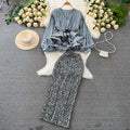 Fashionsuit female socialite elegant lantern long sleevesv neck lotus leaf swing bright shirt female high waistsequin skirt