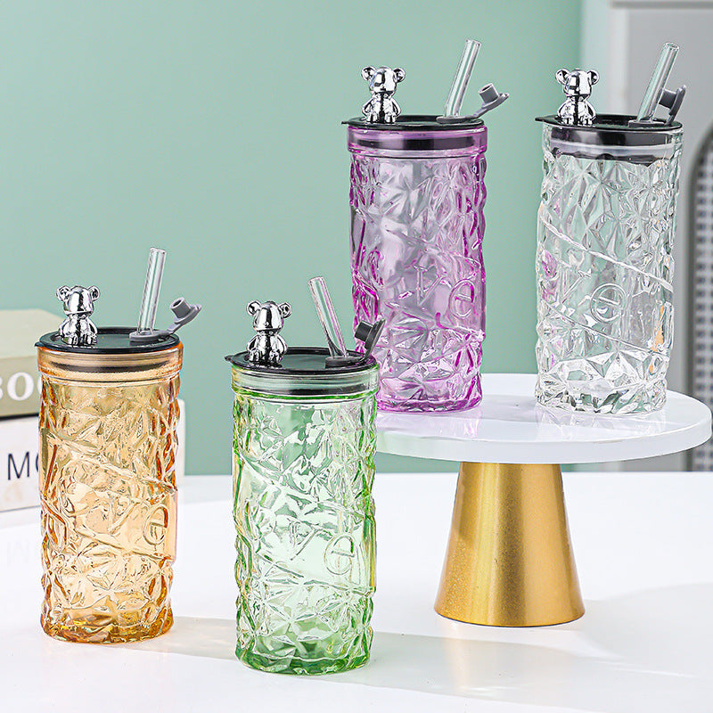 Diamond bear straw cup glass with lid - trendy, high-value gift cup - personalized small gift cup