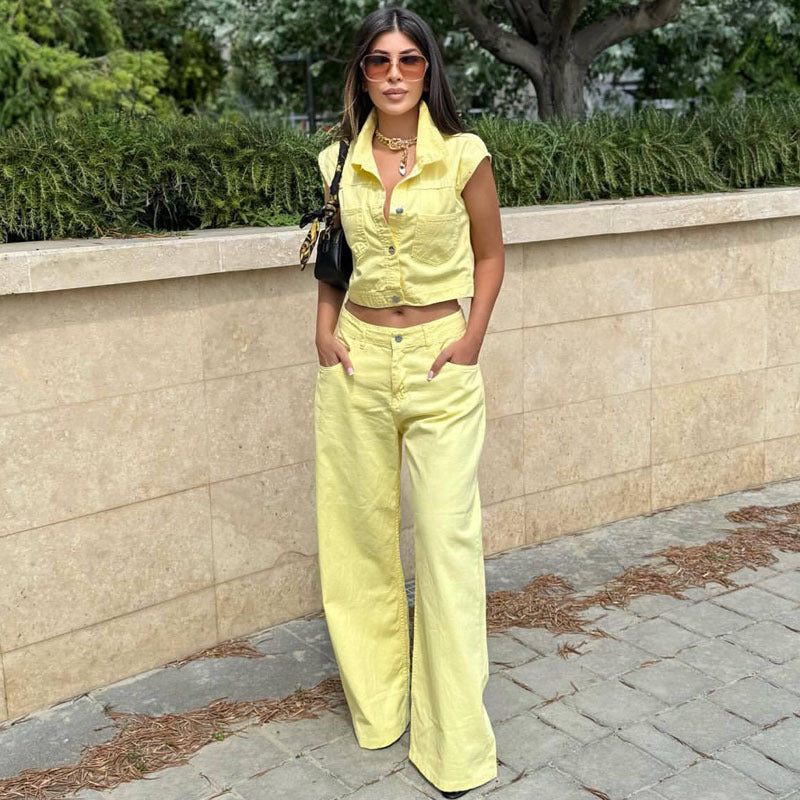 Cross-border European and American new sleeveless lapel cardigan shirt trousers set women's  women's clothing casual foreign style two-piece set