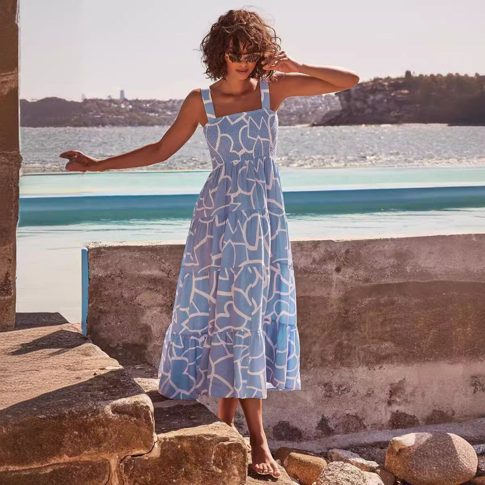cross-border fashion summer women's  commuter sleeveless spicy girl print long slip dress