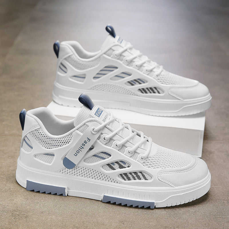 Men's spring breathable mesh sneakers - trendy, versatile casual skate shoes with lace-up closure, soft sole, and a stylish white design for students