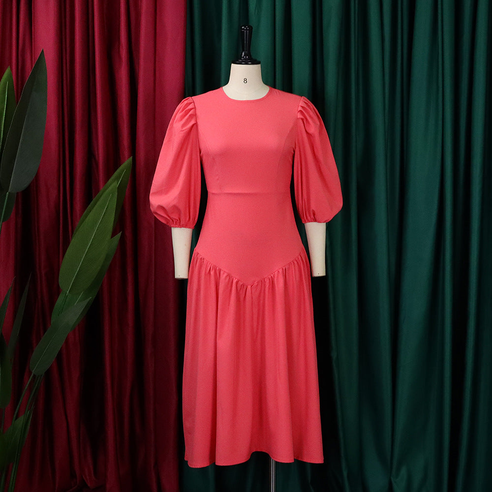 D3164 european and american clothing  new  pleated african plus size fashion puff sleeve foreign trade dress