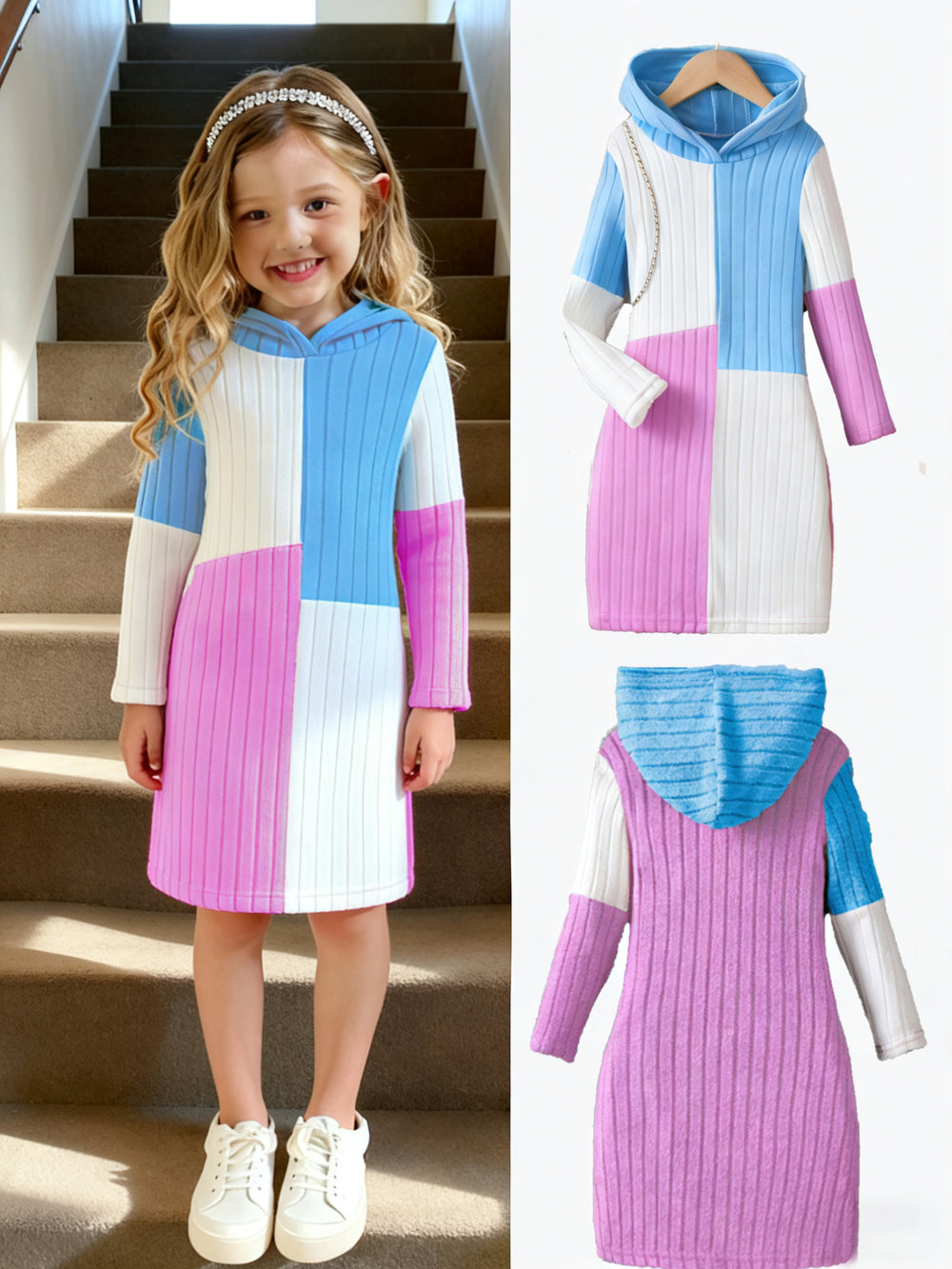 girldresslong sleeves color block pit stripeswoolen hoodie kidscasualfall and winterfall and winter long skirt