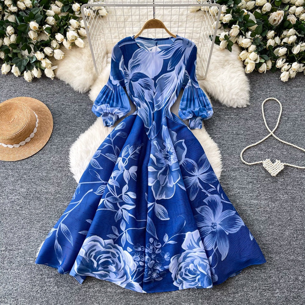French romantic floral print dress - women's spring long sleeve slim fit a-line maxi dress - elegant, chic, and youthful