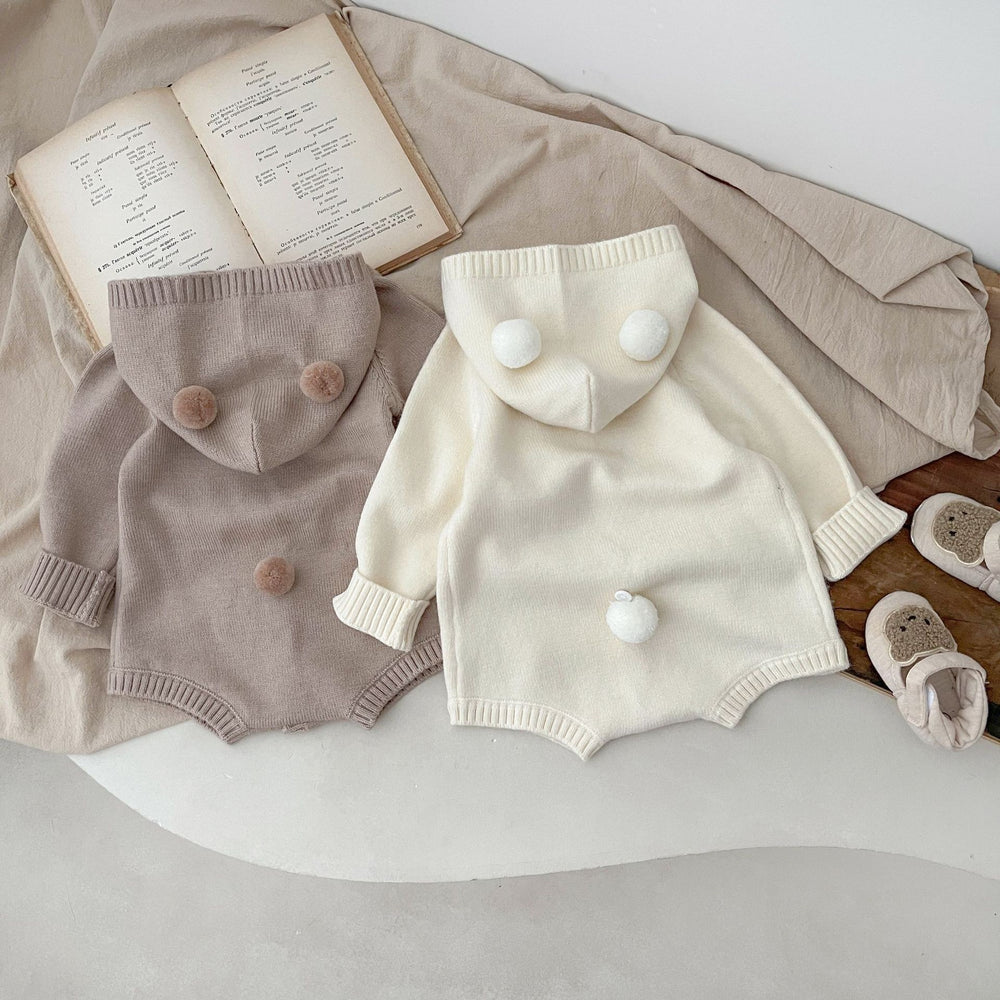 Korean style baby romper - autumn cute pom-pom bear knit hooded bodysuit (036)