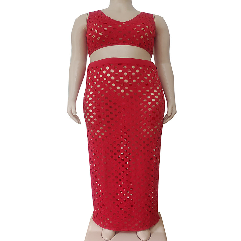 European and american cross-border women's fashion:  summer sexy hollow-out mesh tank top + maxi skirt set