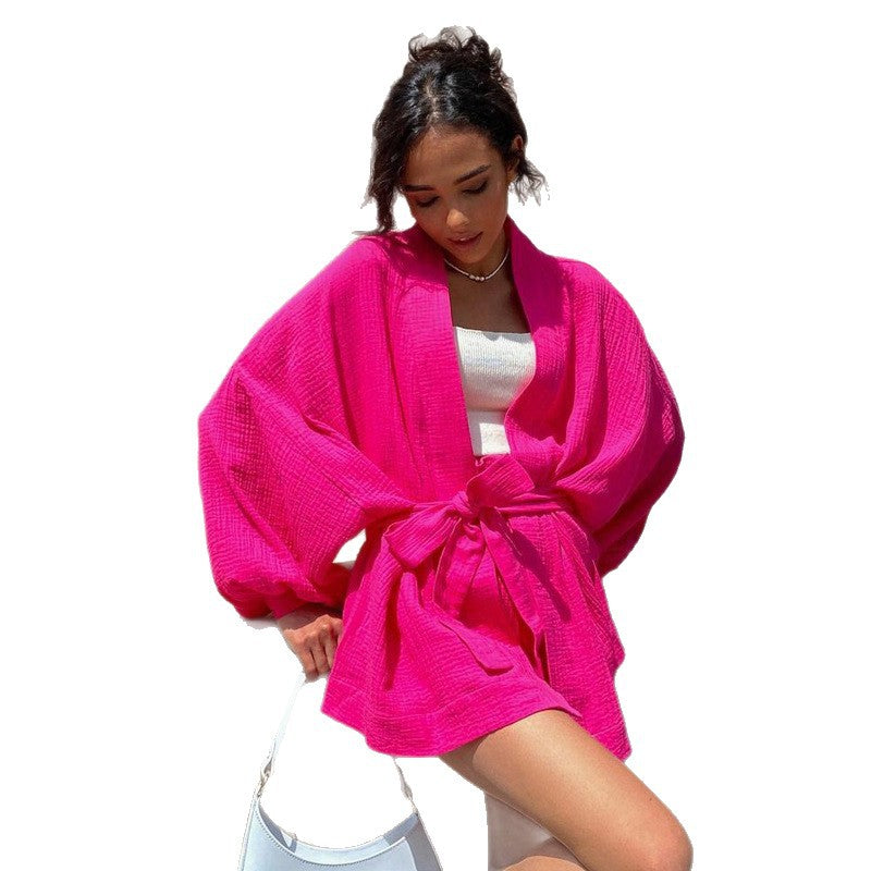 European and American loose solid color long-sleeved   cardigan shirt casual shorts fashionable foreign style new two-piece set women