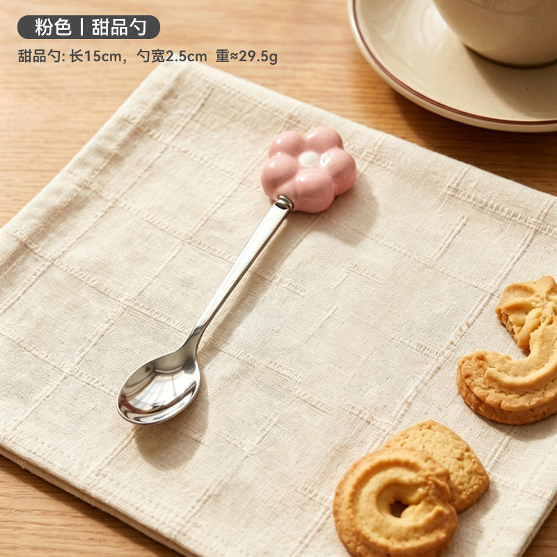 Creative sunflower stainless steel fruit fork desktop decoration ornament ceramic handle spoon exquisite afternoon tea fork wholesale