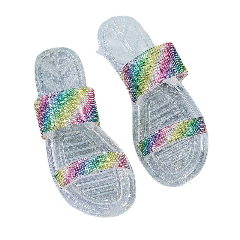 Women's slippers summer 2024 new fashion rhinestone stylish ladies' outdoor wear girly heart flat one-strap crystal sandals
