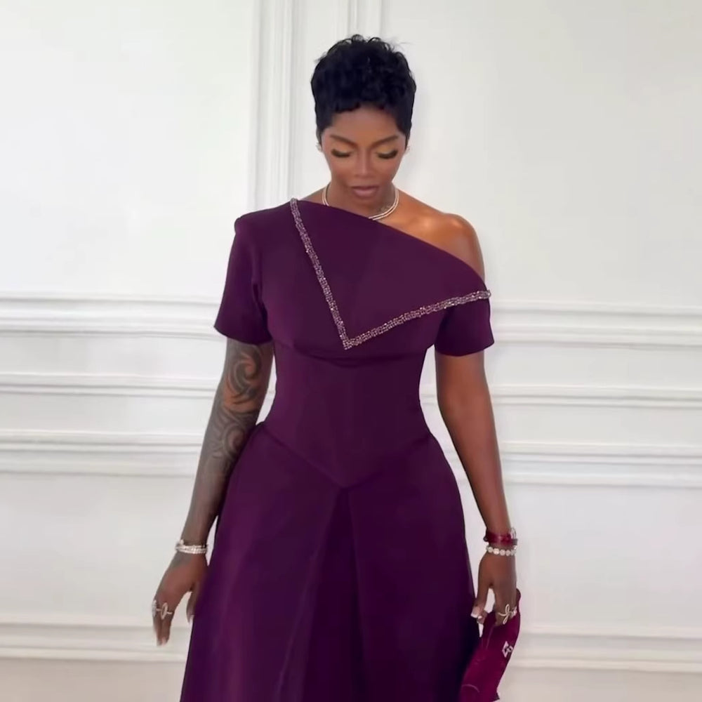 European and american cross-border women's fashion:  summer new arrival - elegant one-shoulder midi dress with cinched waist and short sleeves