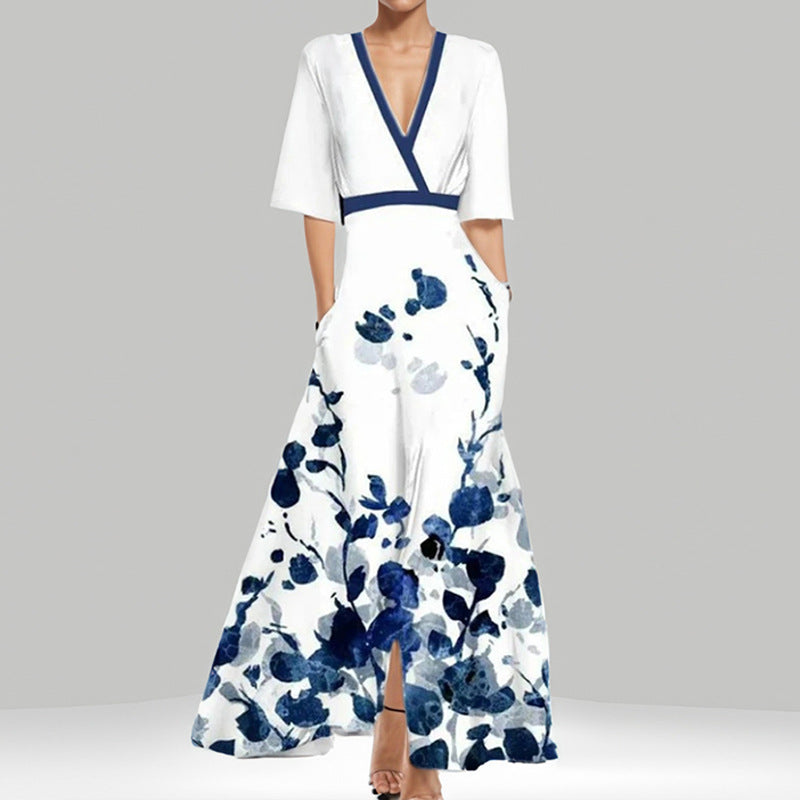 european and american cross-border women's fashion: new summer collection - sexy deep v-neck printed bodycon mini dress