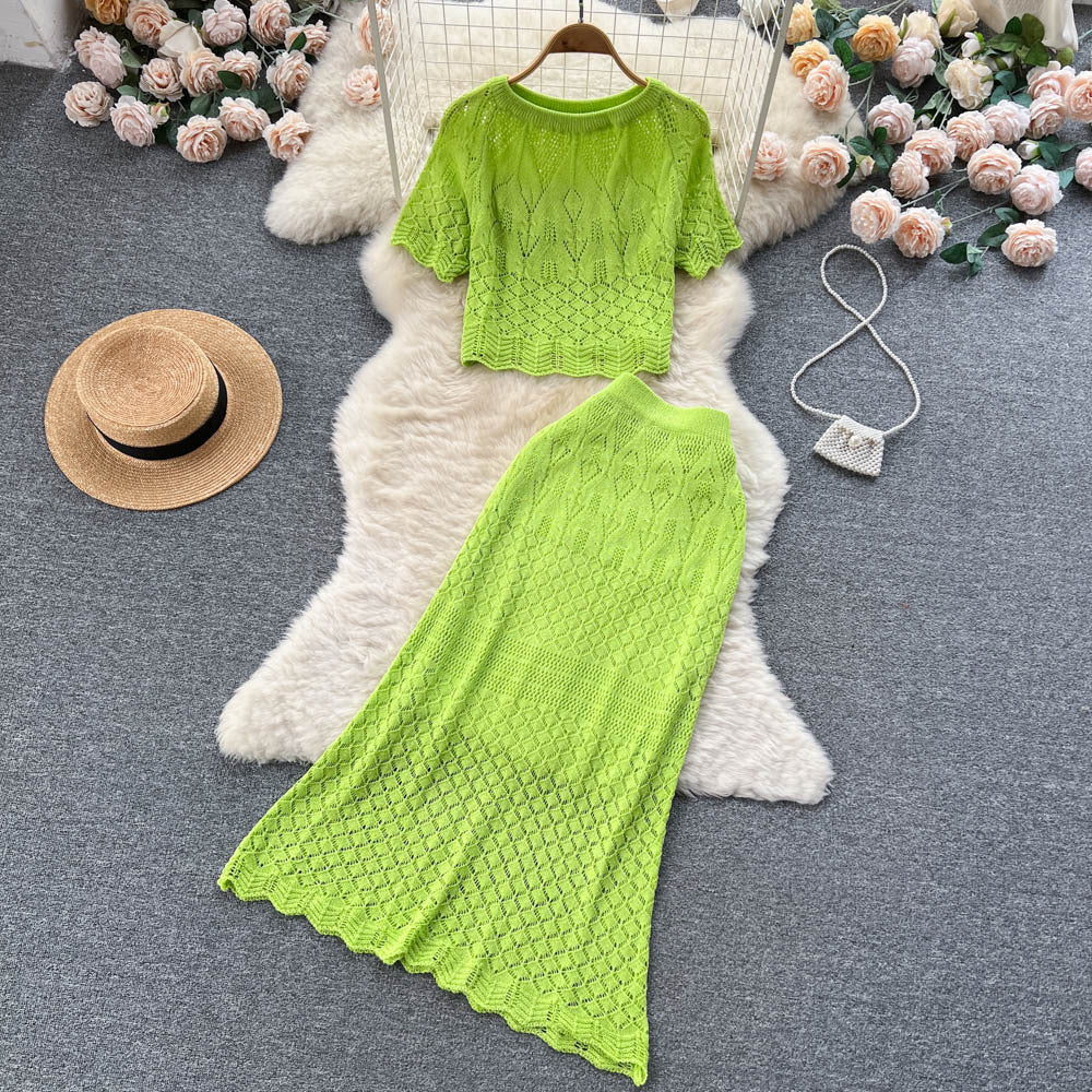 Korean ins style cut out crochet lace short-sleeved suit skirt women's shorttops+mermaid half length skirttwo-piece set trendy