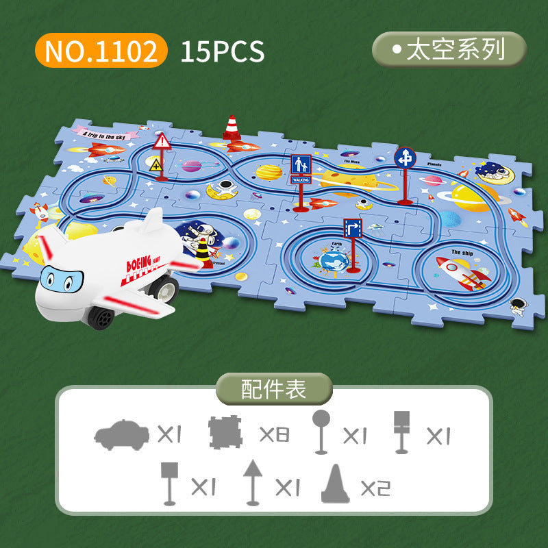 Diy children's educational track car set - multiple scene city map building electric puzzle track car
