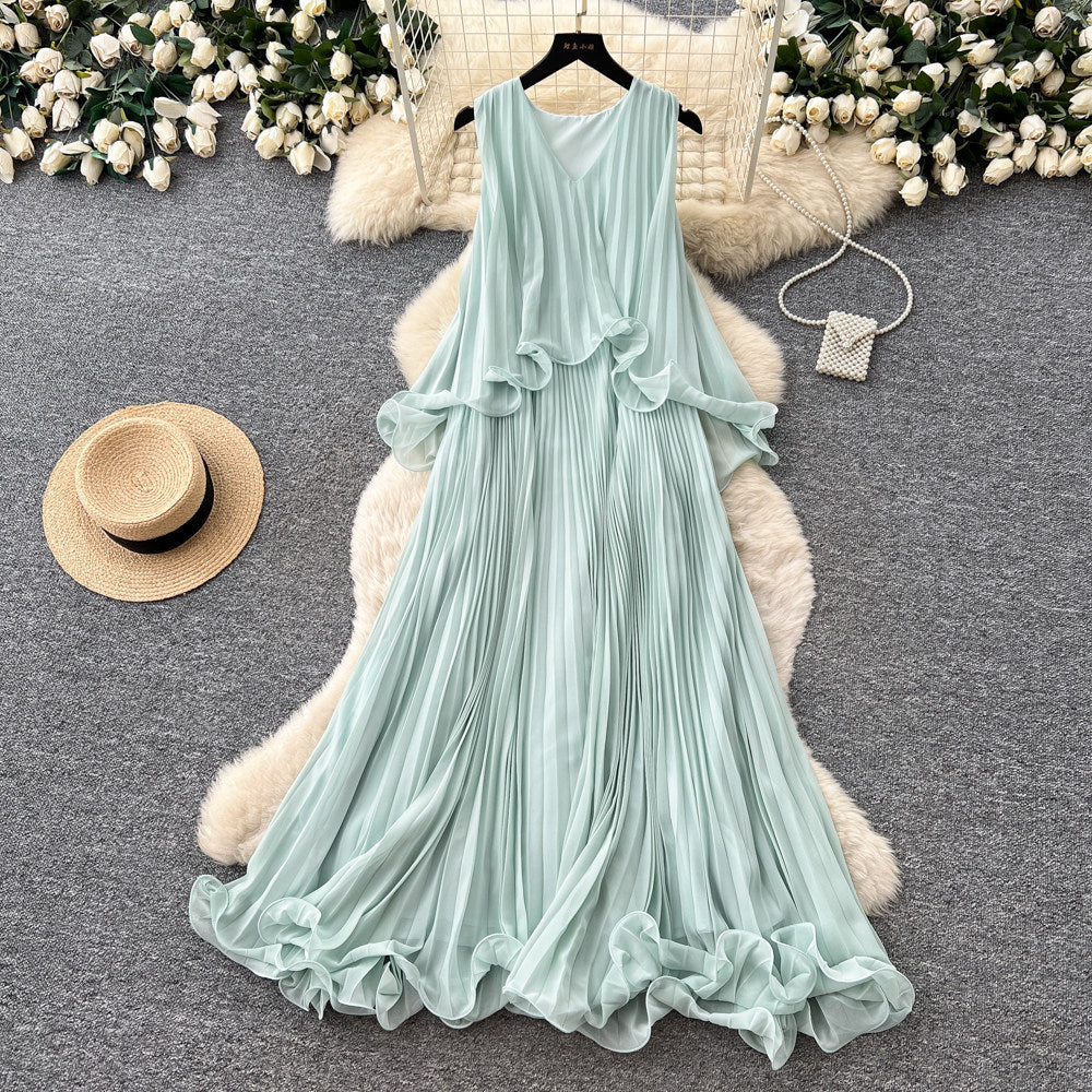 Elegant mint green sleeveless halter dress - women's early summer pleated ruffle trim slimming chic pleated maxi dress