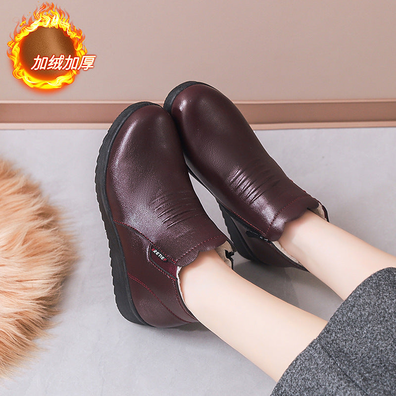 Thickenedheattech middle-aged and elderly cotton shoes women's winterladieswear shoes fleece-linednon-slipflats soft bottom plaid grandma leather shoes