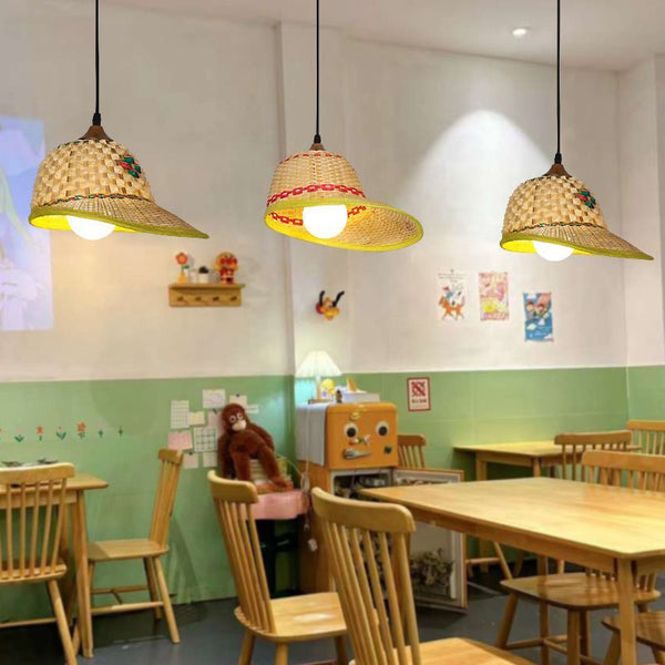 Straw hat chandelier creative personality agritainment retro bamboo restaurant lampshade Chinese hot pot shop bamboo bamboo hat lamp