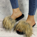 Women's faux fox fur slippers - new autumn/winter collection - warm, flat-heeled cotton slides for indoor/outdoor wear