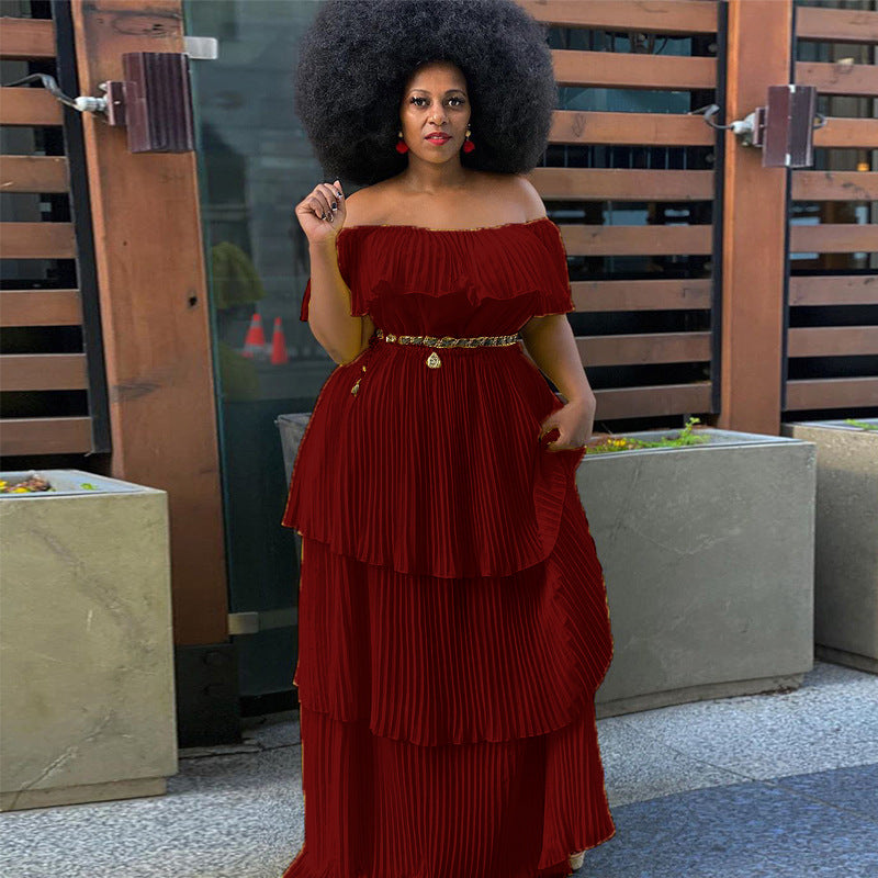 cross-border yellow chiffon one-shoulder backless bodycon beach vacation pleated maxi dress