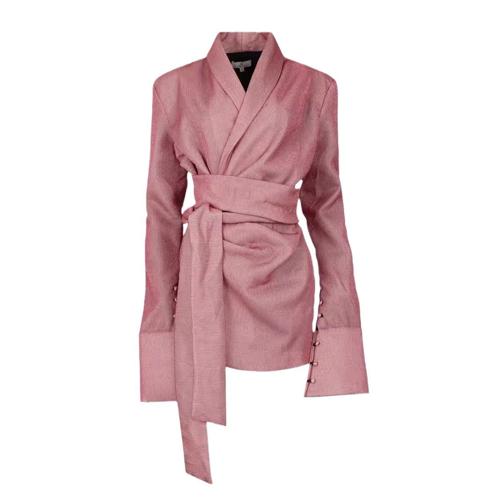 European and american cross-border women's fashion:  autumn/winter new collection - solid color long sleeve blazer collar tie-waist design jacket dress