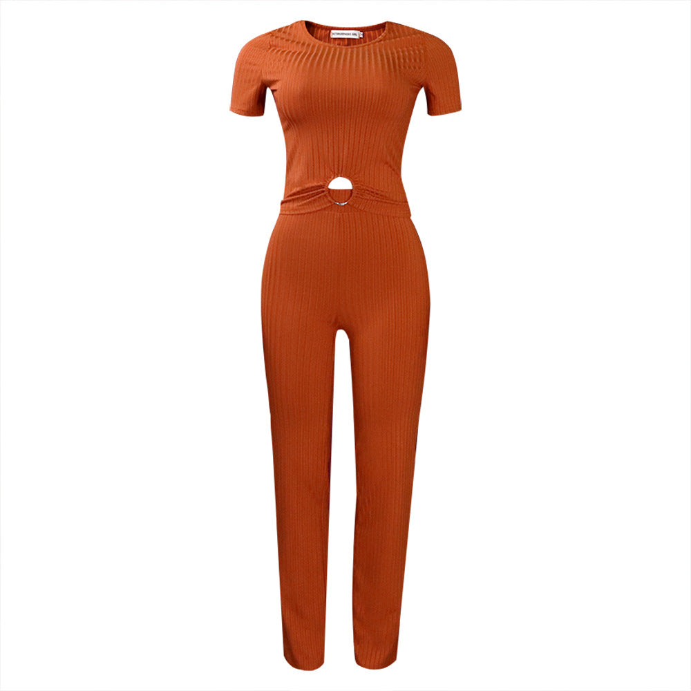 D277 cross-border sourcing:   summer new arrival - solid color ribbed casual fashion set, european and american style two-piece outfit