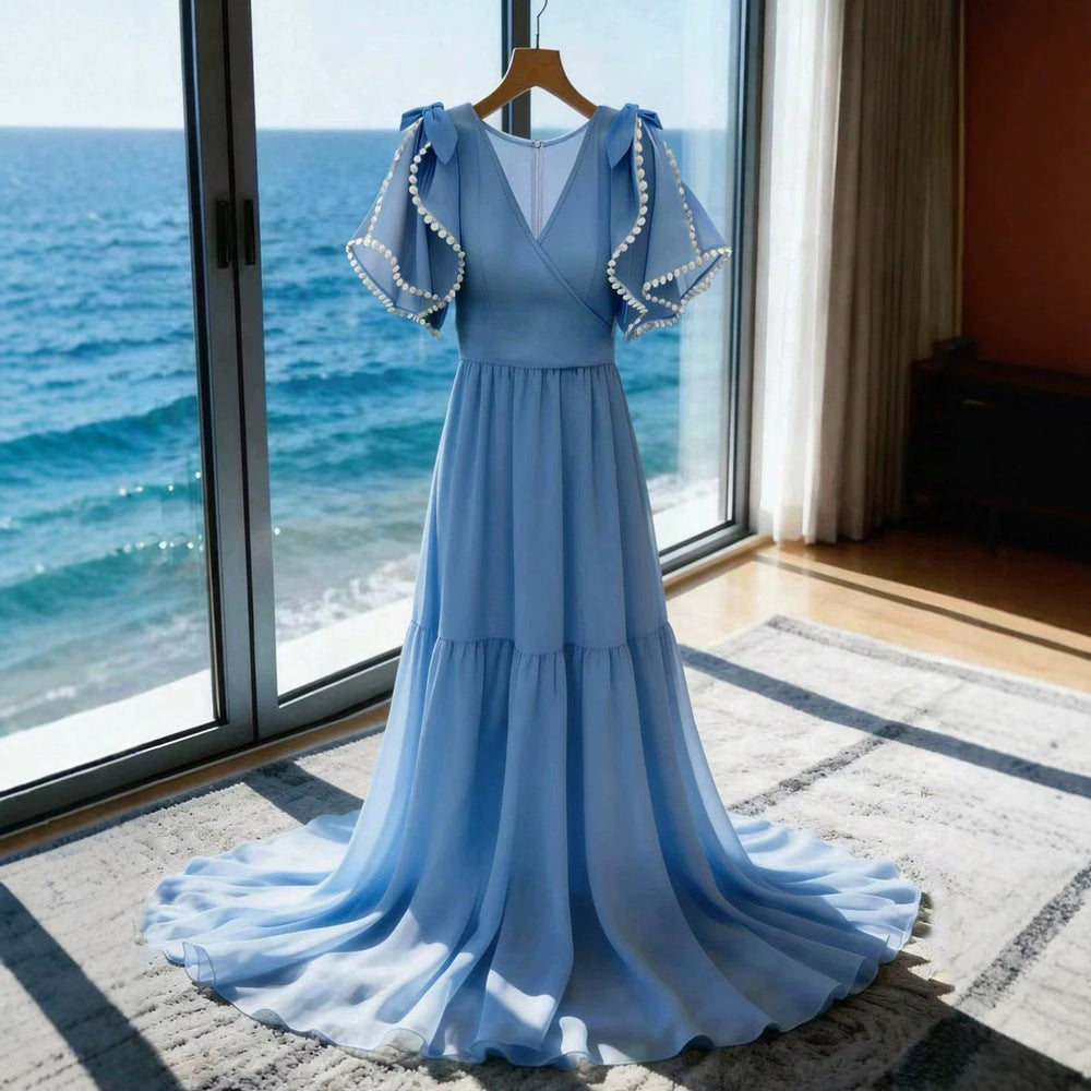 French chic beach maxi dress - v-neck, ruffle short sleeves, beaded trim, cinched waist, tiered chiffon women's dress