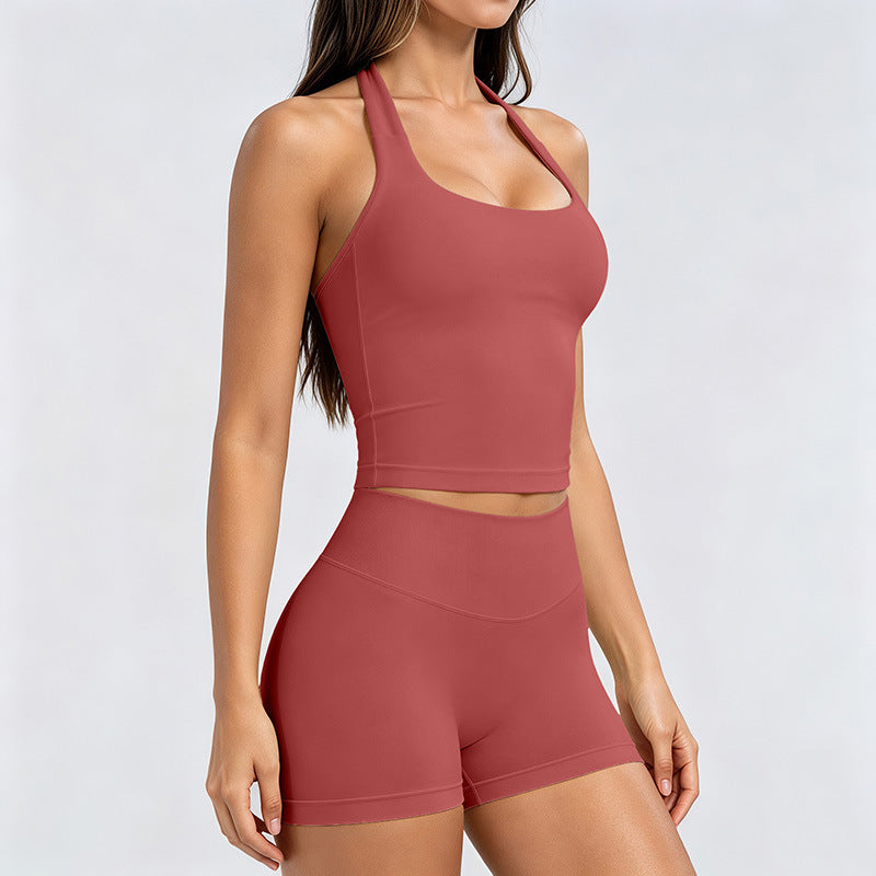 Dfyne style  women's seamless halter neck sleeveless yoga set - workout tank top and shorts set