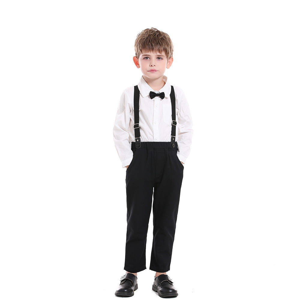 spring new boys' suit white shirt striped overalls two-piece gentleman's children's clothing wholesale customization