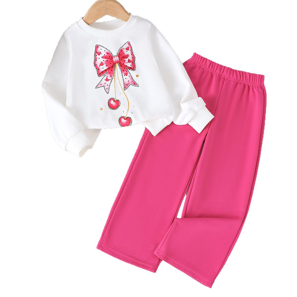 Kids clothing new arrivalfashionspring & fallgirlwhitelong sleevessweatshirt+rose redpants