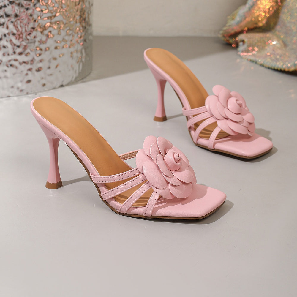 Yujie style pink rose flower high heel sandals women's stiletto heel square toe open toe fashionsweet style easiest for match sandals