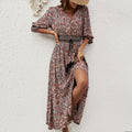 Real shot rayon fixed slotprinting three-quarter sleeve waist bohemiadress travel and vacation buttoned beach dress