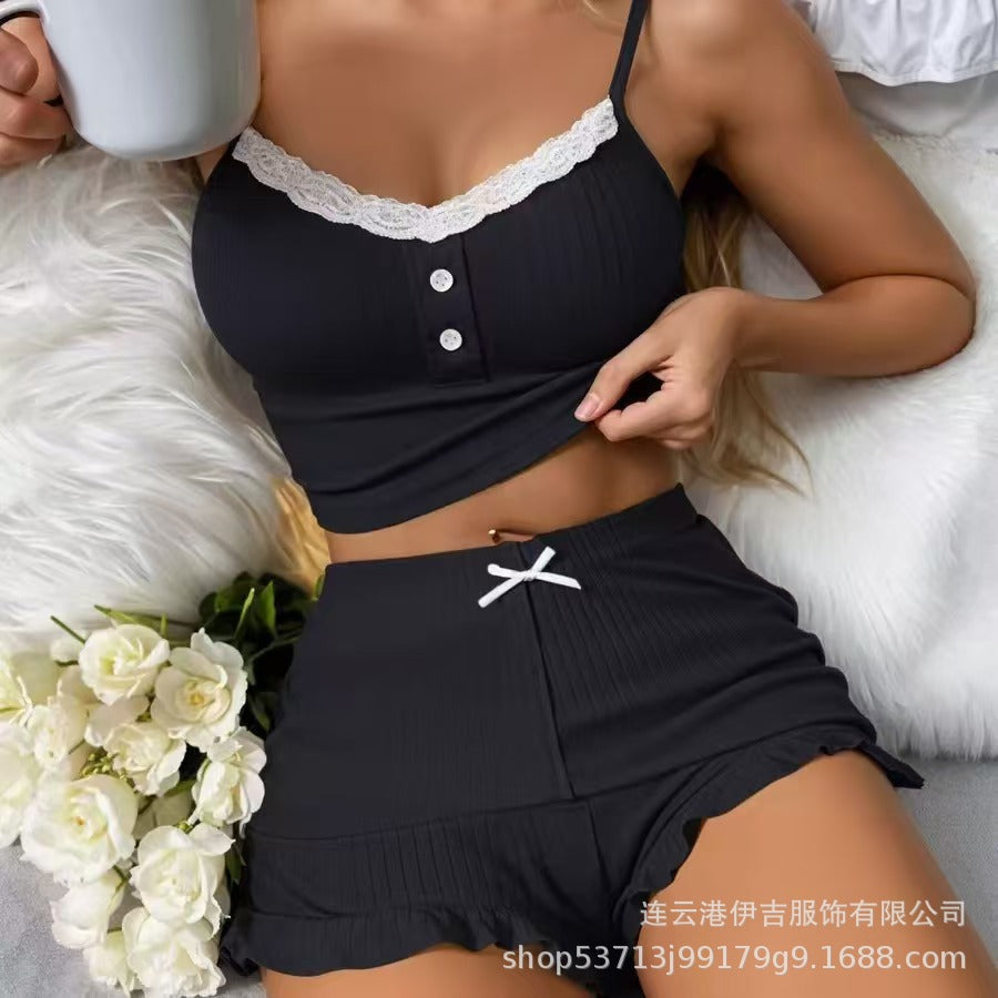 European and american  new sexy lace trim camisole pajama set with shorts - women's loungewear wholesale