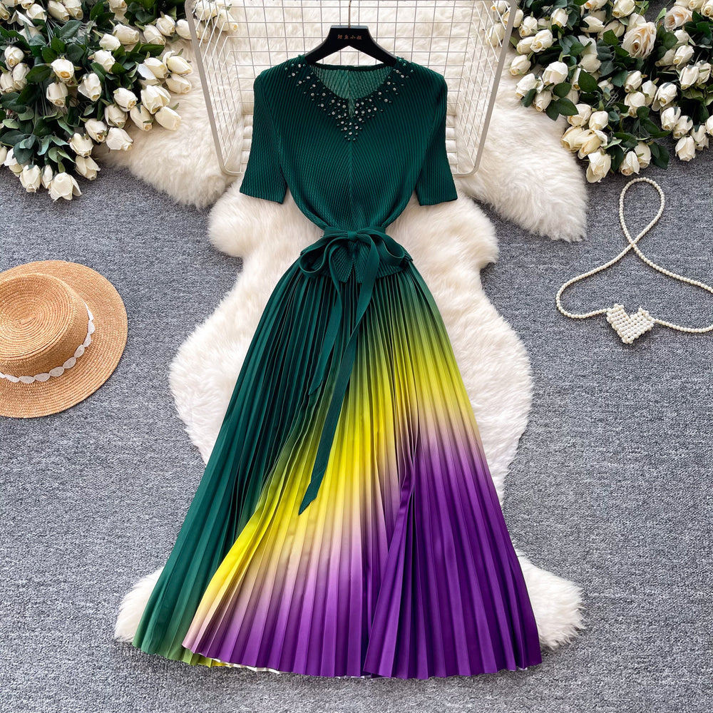 Elegant v-neck gradient color dress - women's summer korean style, slimming a-line pleated maxi dress with drape