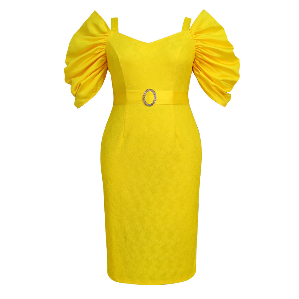 Am040501stylishv neck pleated sleeve backless dress party dinner lacehigh waist skirt dress