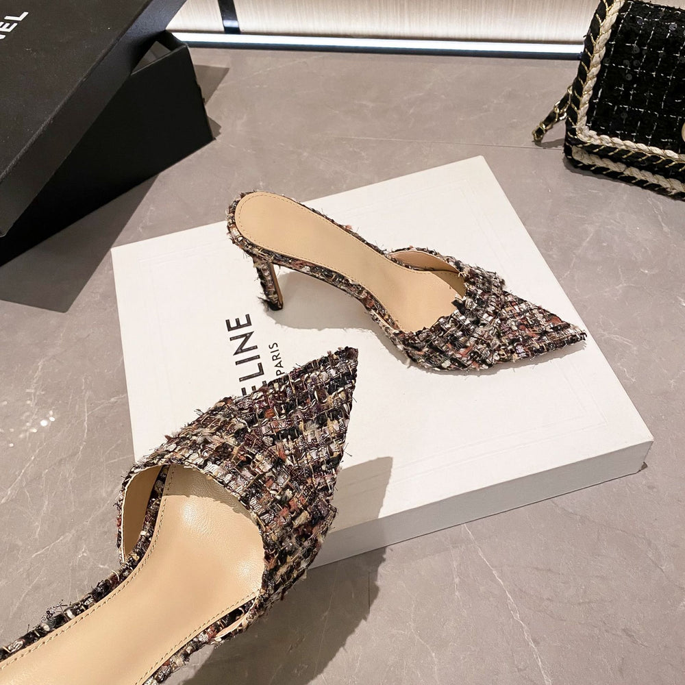 Wo huizhou 2026 new arrival high heels fashion tweed style pointed toe stiletto open toe woolen dark brown woolen black