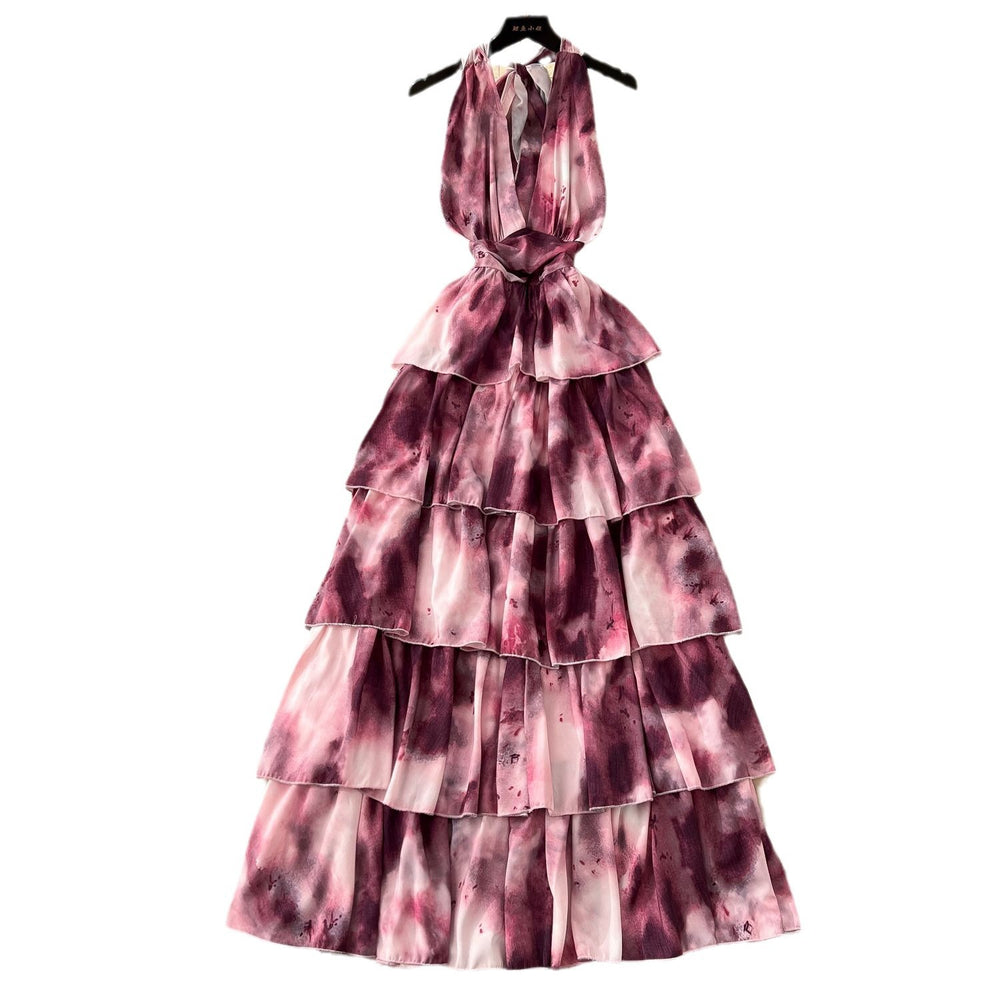 Summerniche style deep v neckhalter strap sleeveless ruffles cake dress female waist elegant holiday long skirt